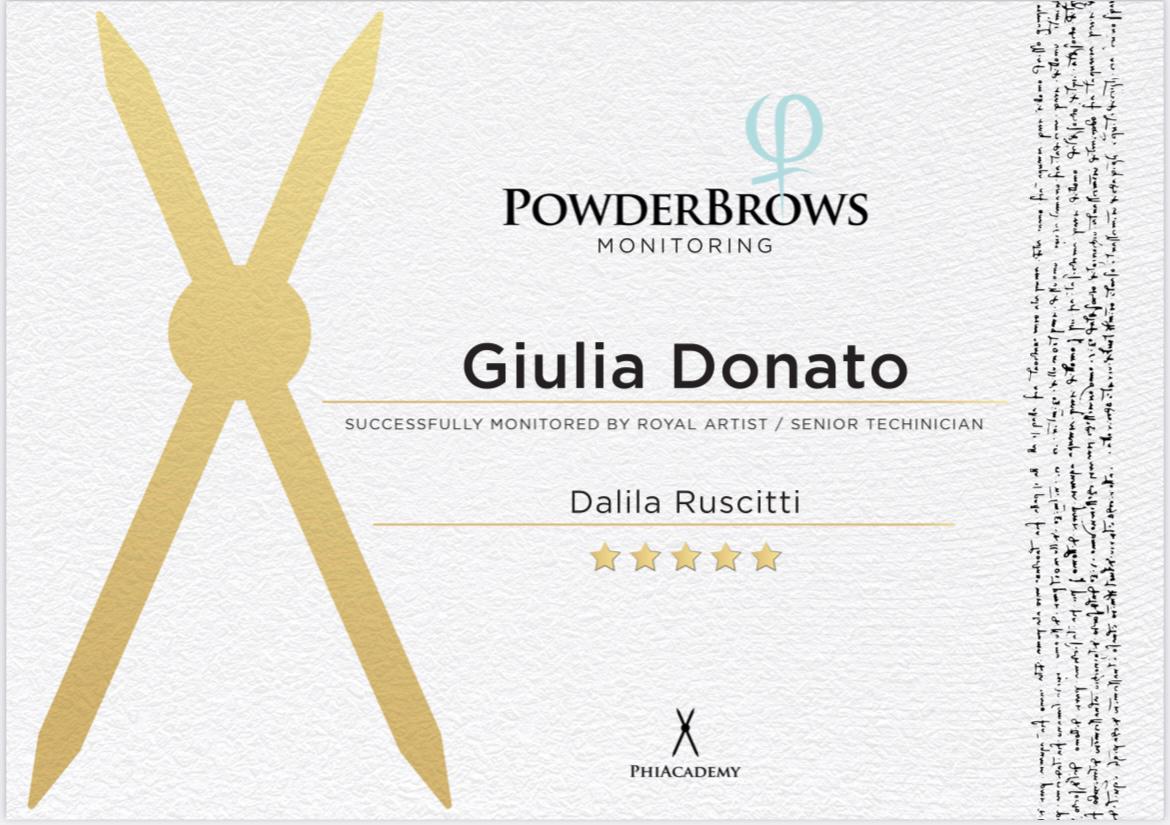 Certificato Senior PowderBrows Monotoring di Giulia Donato - PhiAcademy - Genova Albaro